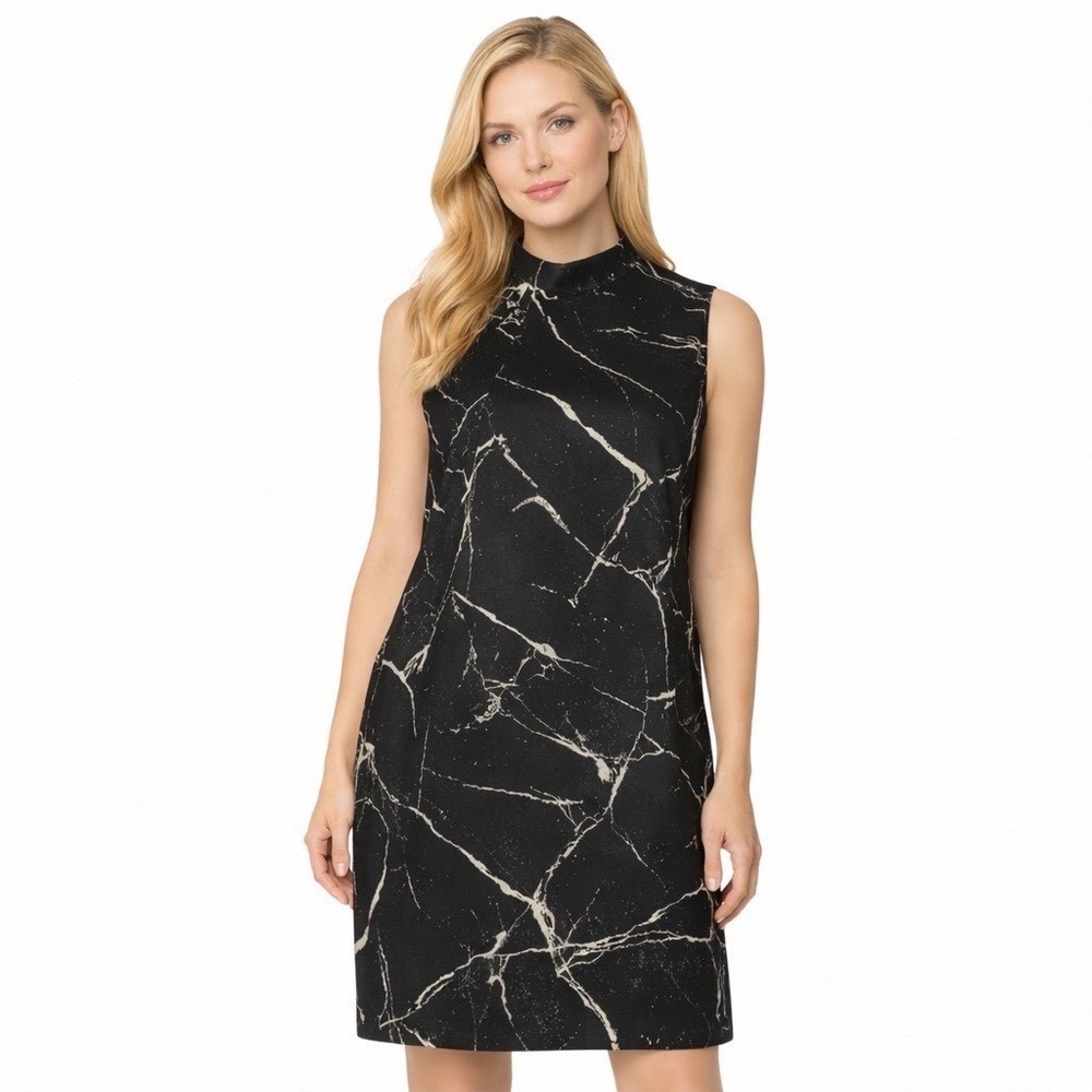 AKRIS Black Marble‎ Jacquard Wool Dress Sleeveless Mock Neck US 14